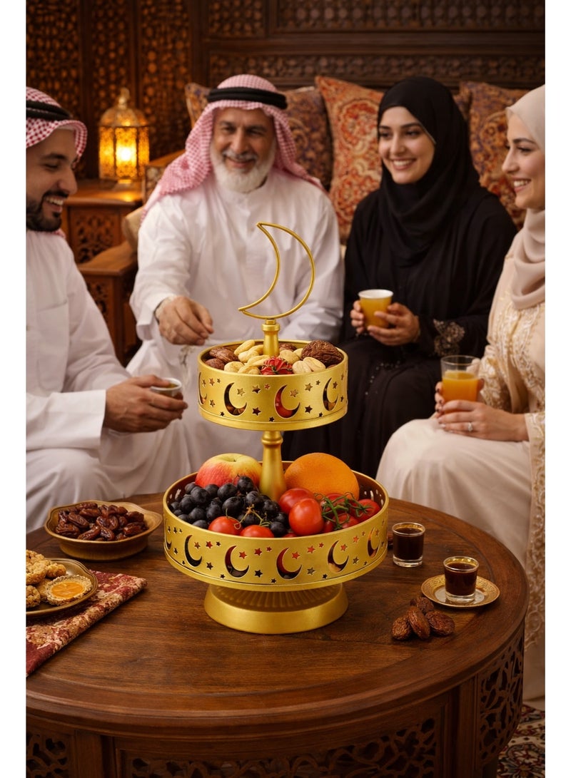 دائرة مربعة حامل تقديم معدني ذهبي 2 طوابق بتصميم الهلال والنجوم – حامل فواكه وتمور وحلويات لرمضان، مثالي للتجمعات العائلية والضيافة - Image 3